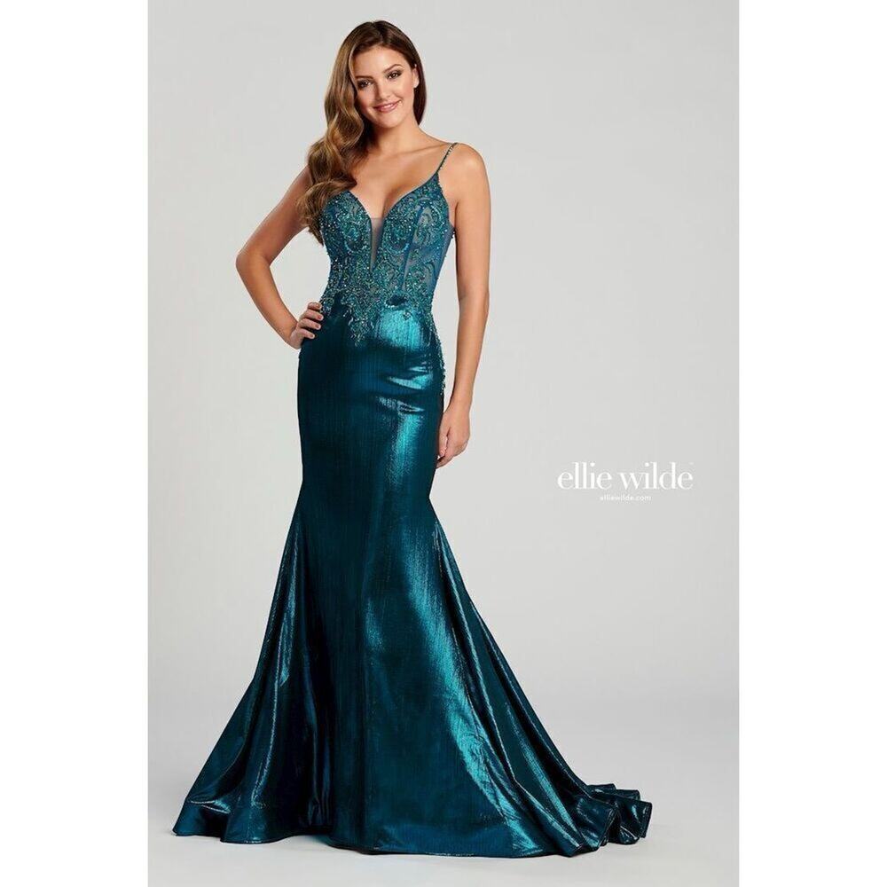 Ellie Wilde Teal Beaded Liquid Lame STYLE: EW120095 Formal Dress‎ Sz 4 Women’s